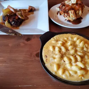 Chop, mashed potatoes (nice crust from the oven), Mac and cheese