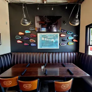 a table and chairs in a restaurant