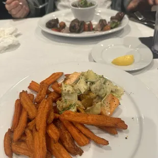 Steak kabob &amp; broccoli salad. Sweet potato fries and gold salmon