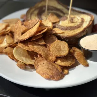 Reuben with kettle chips. The sandwich was perfection, but the chips were over cooked.