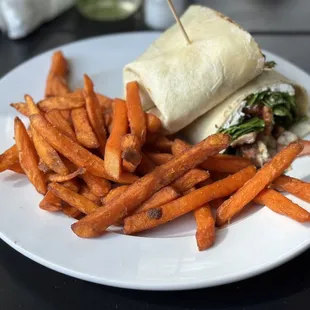 Goat cheese wrap with chicken, sweet potato fries. Wouldn't change a thing. SO good.