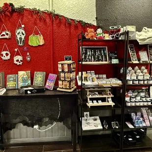Merchandise selection from different vendors available at The Black Rabbit Bookbar.