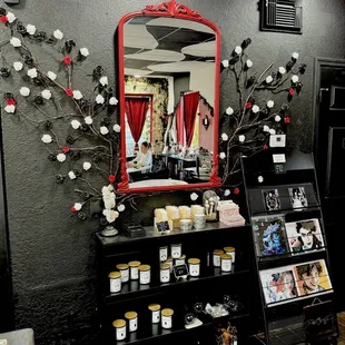 Decorative accents and products for purchase at The Black Rabbit Bookbar.