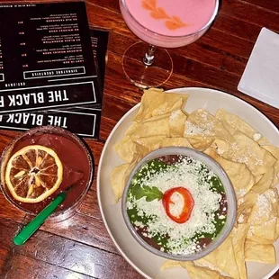 Pomegranate margarita  Appetizer chips and Black bean dip