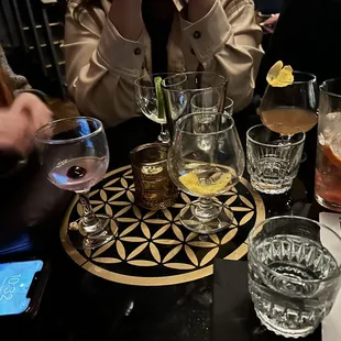 One of the smaller circular tables in the main room with drinks and remanants of