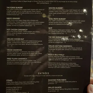the menu for the burgers and sandwiches