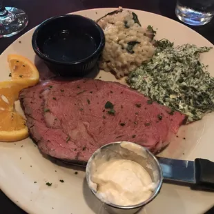 Wednesday&apos;s special. Prime Rib.  With spinach casserole and the risotto of the day.