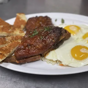 Awesome Thai chili ribs with fried rice and sunny hard eggs