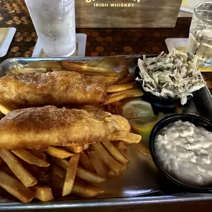 Two piece Fish and Chips with coleslaw and tartar sauce