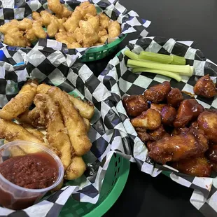 Mozzarella Sticks, Cheese Curds, Boneless Wings