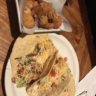 Chicken tacos (special on Tuesday 3 for $6) and fried cheese curds.