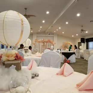 A beautifully decorated baby shower in The Blankenbaker Room