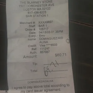 a receipt for a customer