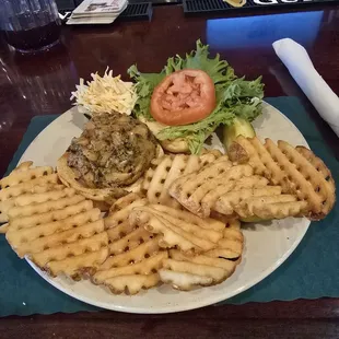 Crab cake sandwich with waffle fries