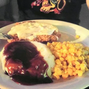 Chicken fried steak was just ok... Gravy tasted like flour and pepper. Mashed potatoes were like glue