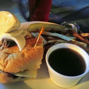 French Dip with super salty dip. Cheese was barley melted
