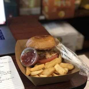 a hamburger and french fries