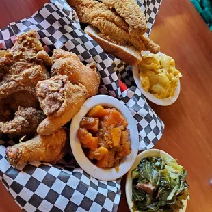 Fried chicken, Catfish and a bunch of sides plus the red kool-aid.