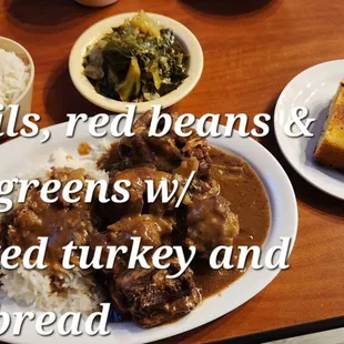 oxtails, red beans and rice greens with smoked turkey and cornbread