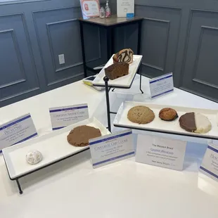 a display of cookies and pastries