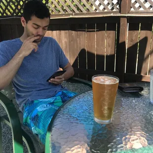 The hubby with his blonde ale for lunch