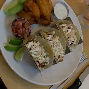 a plate of food and a knife