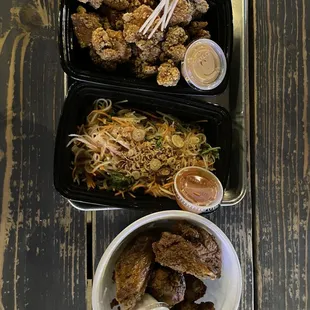 Spicy popcorn chicken, papaya salad and lemon pepper wings