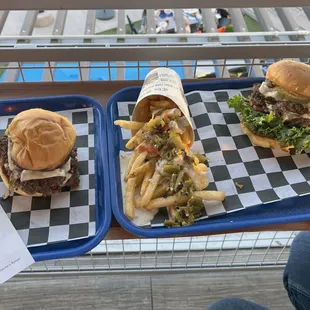 The Block.  West Coast Smash burger, Oklahoma fried onion burger and green chile queso fries.