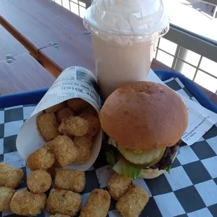 Classic burger, tots and banana pudding milkshake from Stackers Burger