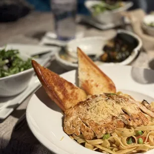 Chicken Alfredo, side salad, brussel sprouts