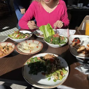 Hummus, baba ganoush pita bread and chicken