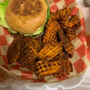 Vegan "chicken" sandwich special with sweet potato fries