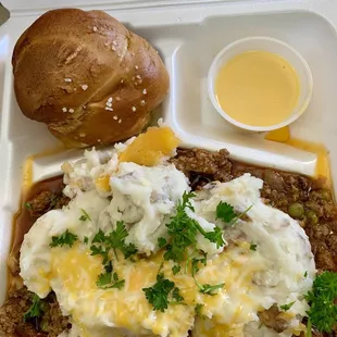 Drunken shepherds pie, delicious pretzel  and cheese