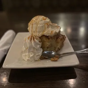 Tino&apos;s bread pudding with vanilla ice cream.