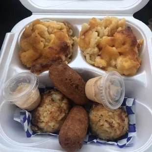 Crab ball sampler with two sides and extra sauce, got double Mac.
