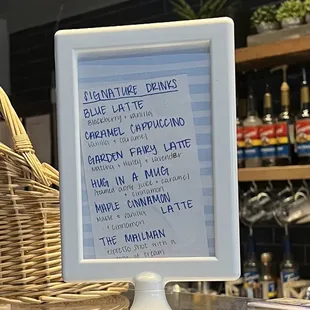 a menu for a drink