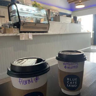 seasonal floral latte &amp; blueberry muffin