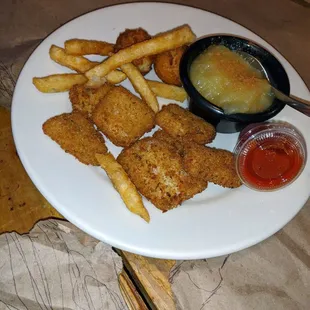 Kids meal: fish nuggets, fries, and applesauce