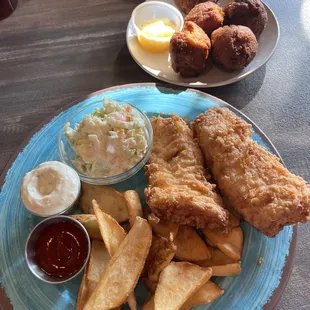 Fish &amp; chips. Hushpuppies &amp; honey butter