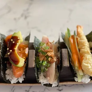 Delicious trio of hand rolls