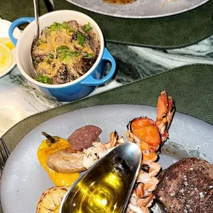 Steak and lobster, mushrooms, scallops