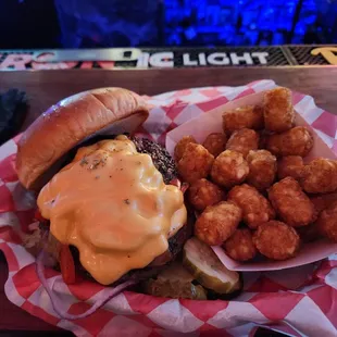 The works burger with tater tots