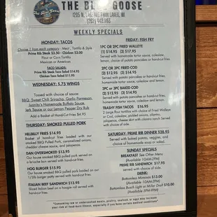 Menu -Weekly Specials
