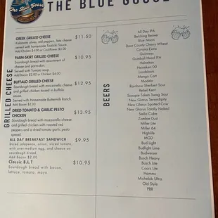 the menu for the blue goose