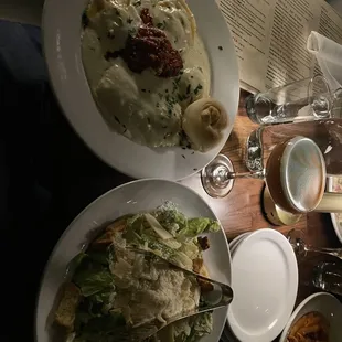 The Lobster Ravioli and the Caesar salad