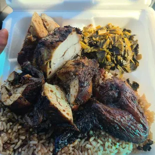 jerk chicken rice and peas with collard greens