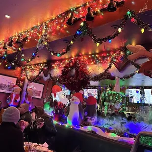 a restaurant decorated for christmas