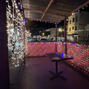 a bench in a covered area