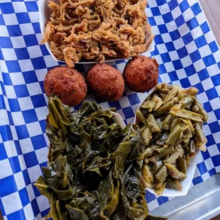 Pulled Pork BBQ Plate with hush puppies, collards, and green beans sauteed in bacon and onions. $13.99.