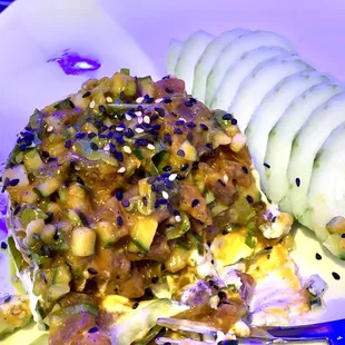 Spicy tuna tartare - Usually served with DELICIOUS homemade potato chips, but this gluten-free option is served with sliced cucumber